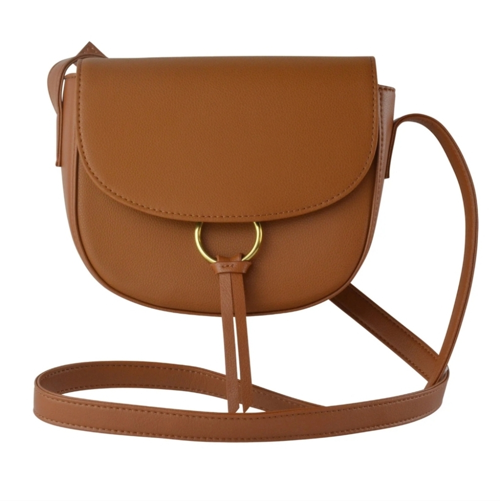 JJ WINTERS Ivy Crossbody Mini Saddle Bag  Cognac Genuine Leather Gold Ring Women